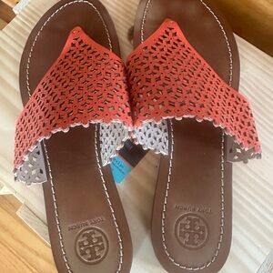 Tory Burch Brown Leather Sandals with Coral Laser-Cut Strap